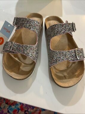 Cat & Jack Glitter Double-Strap Slide Sandals - Multi Glitter with Pink Trim